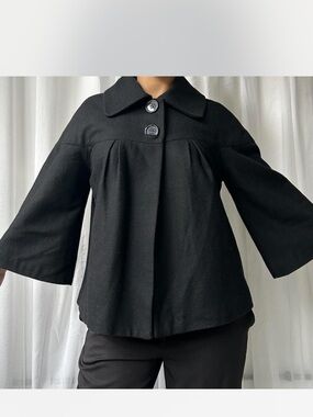 Black Wool Swing Coat with Button Front